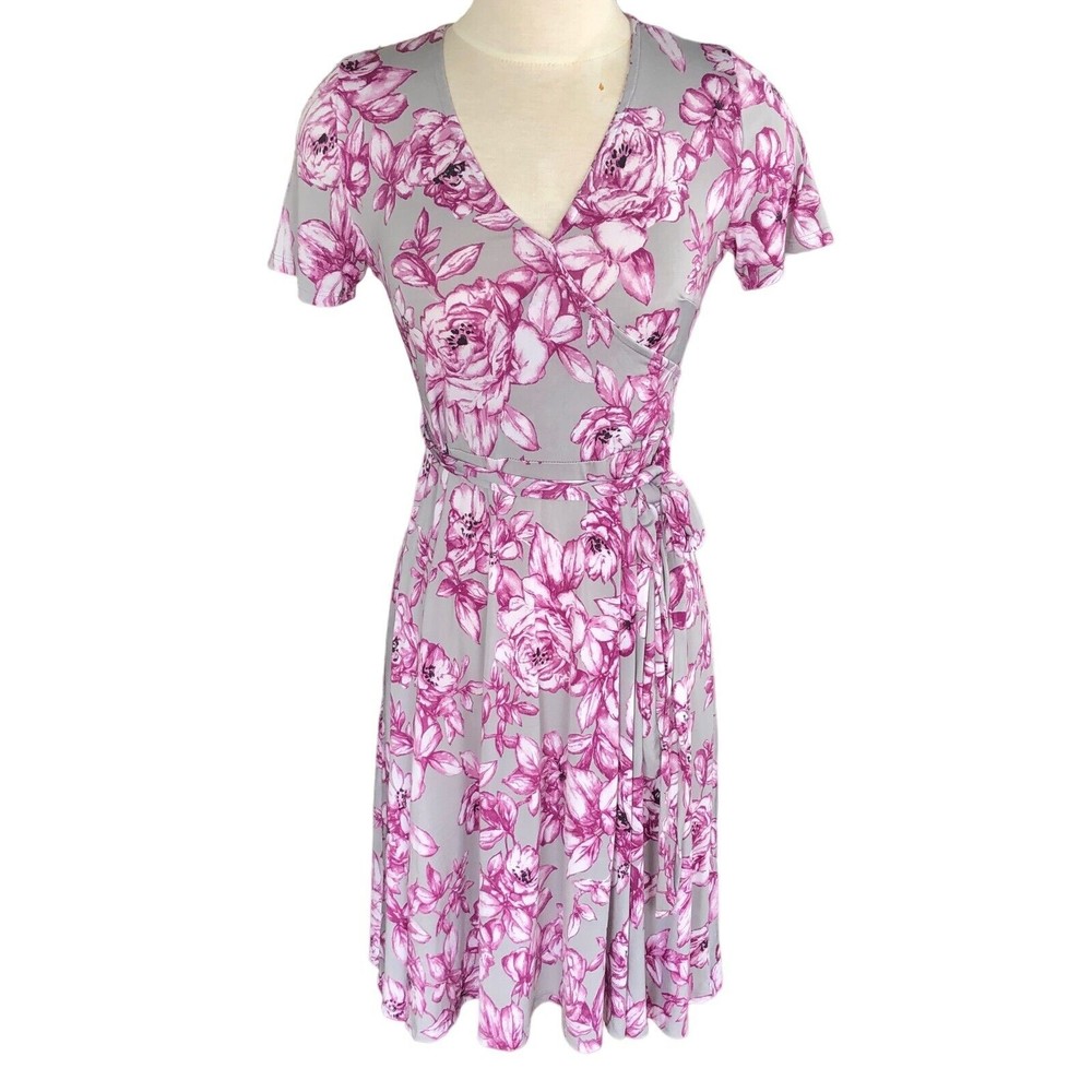 TOUCH 9 Women L Gray/Lavender Flowers Short Sleeve Belted Pullover Stretch Dress